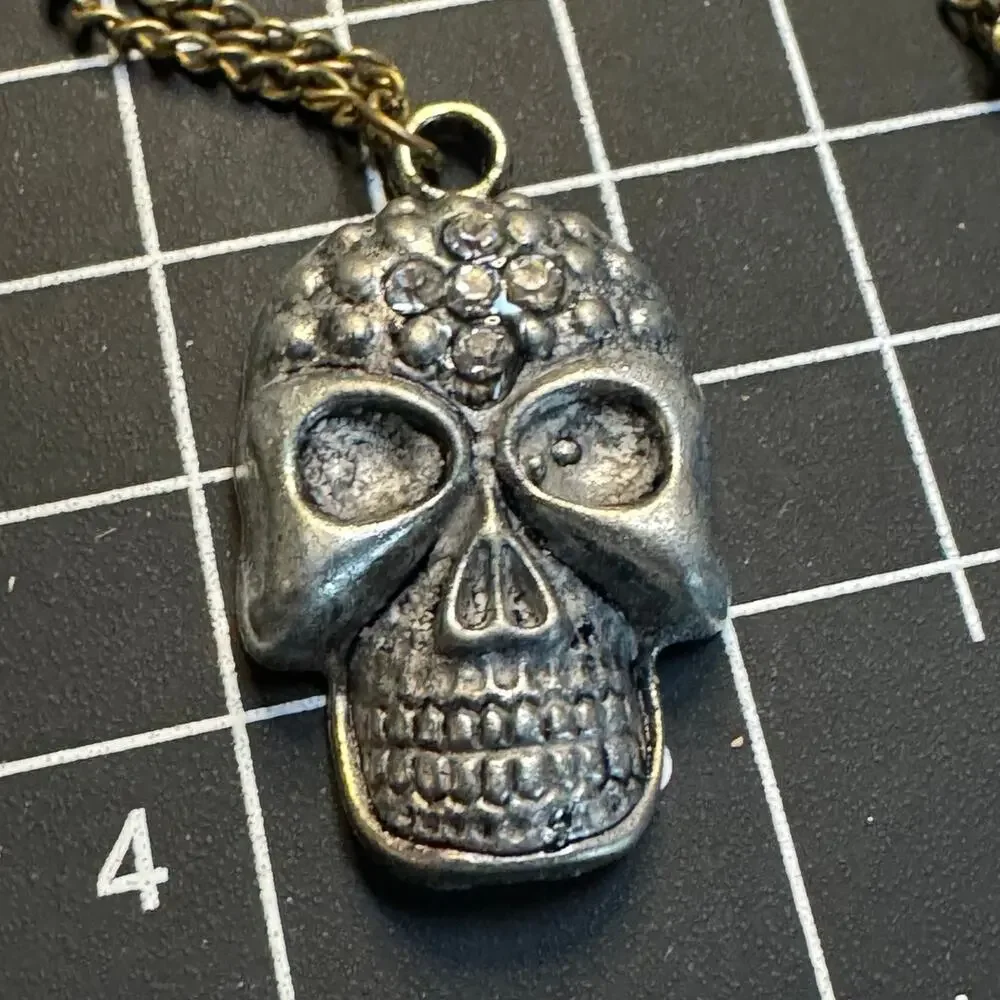 Silver Tone Skull Pendant Necklace Rhinestone Accent Gold Chain Goth Emo Punk